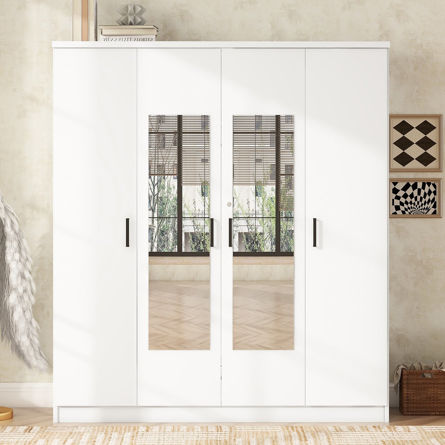 Melysen 4-Door Mirror Wardrobe with shelves, White