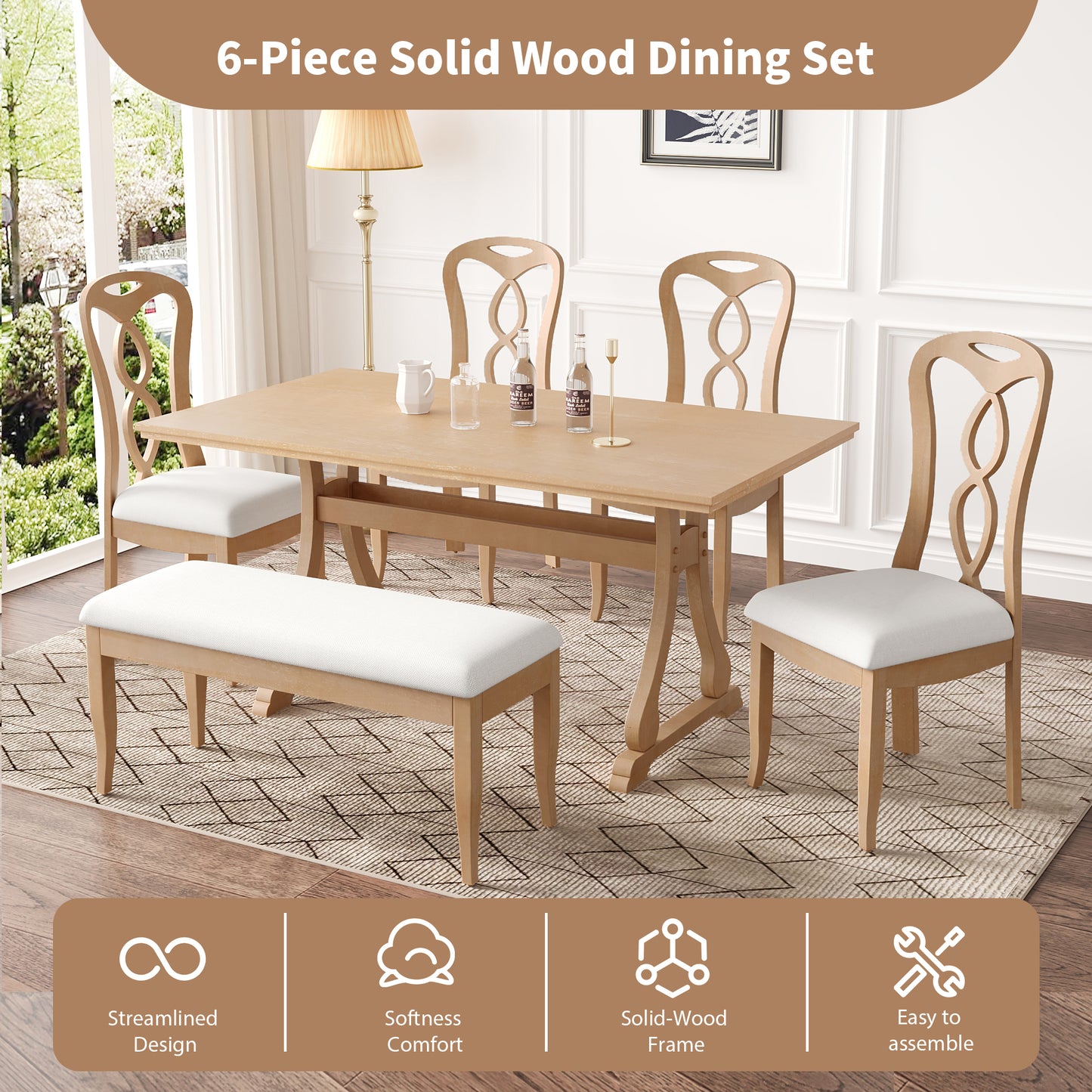 Melysen Retro 6-Piece Trestle Dining Table Set with Upholstered Dining Chairs and Dining Bench, Smooth Dining Backs for Dining Room, Living Room, Kitchen