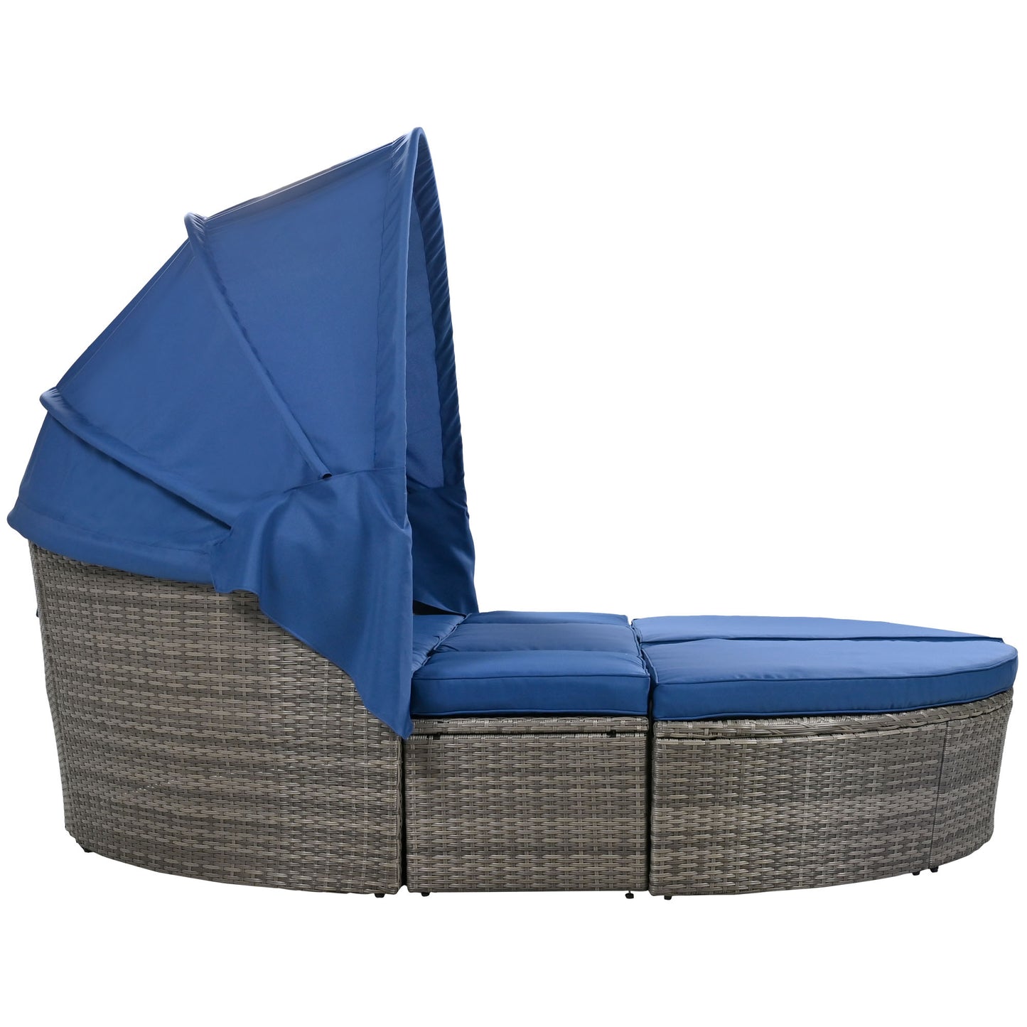 Melysen Outdoor rattan daybed sunbed with Retractable Canopy Wicker Furniture, Round Outdoor Sectional Sofa Set, Gray Wicker Furniture Clamshell Seating with Washable Cushions, Backyard, Porch, Blue