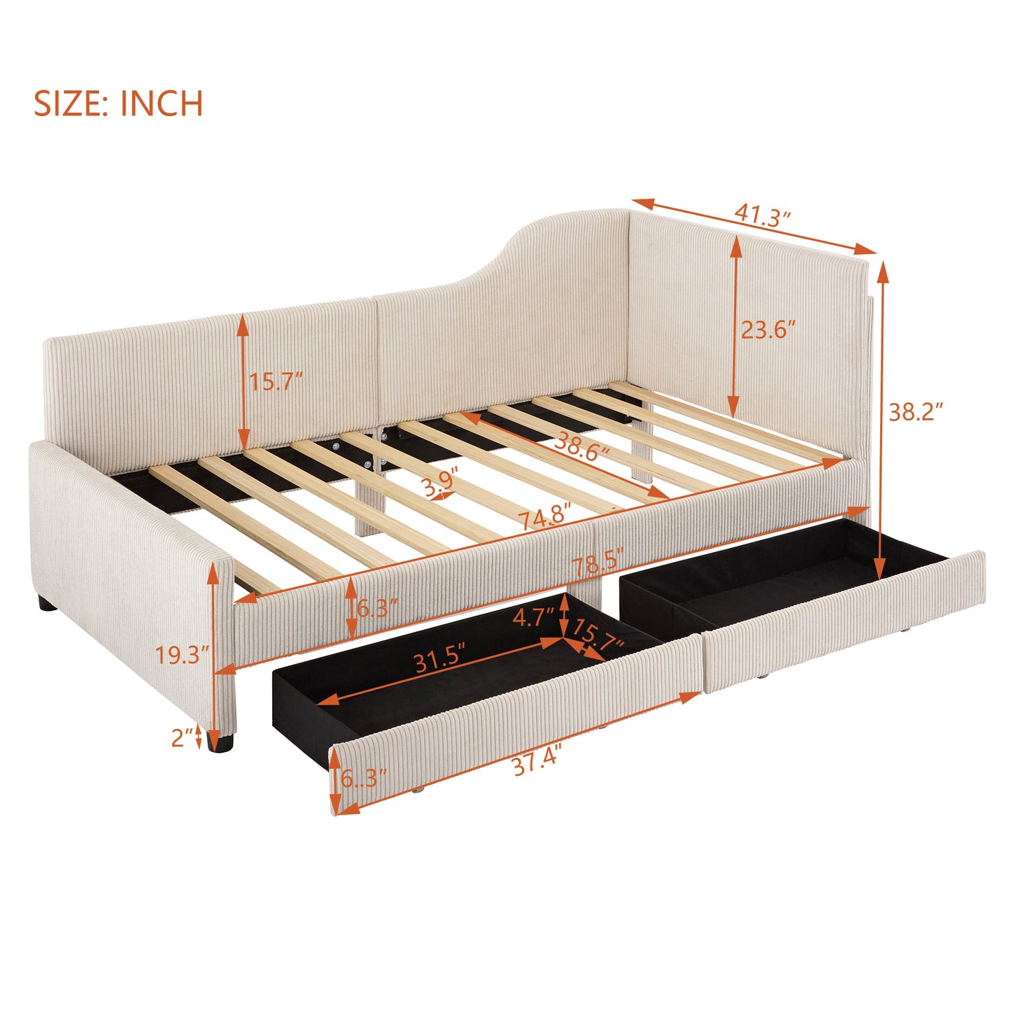 Melysen Twin Size L-Shaped Corduroy Daybed,Upholstered Bed Frame with  2 Storage Drawers