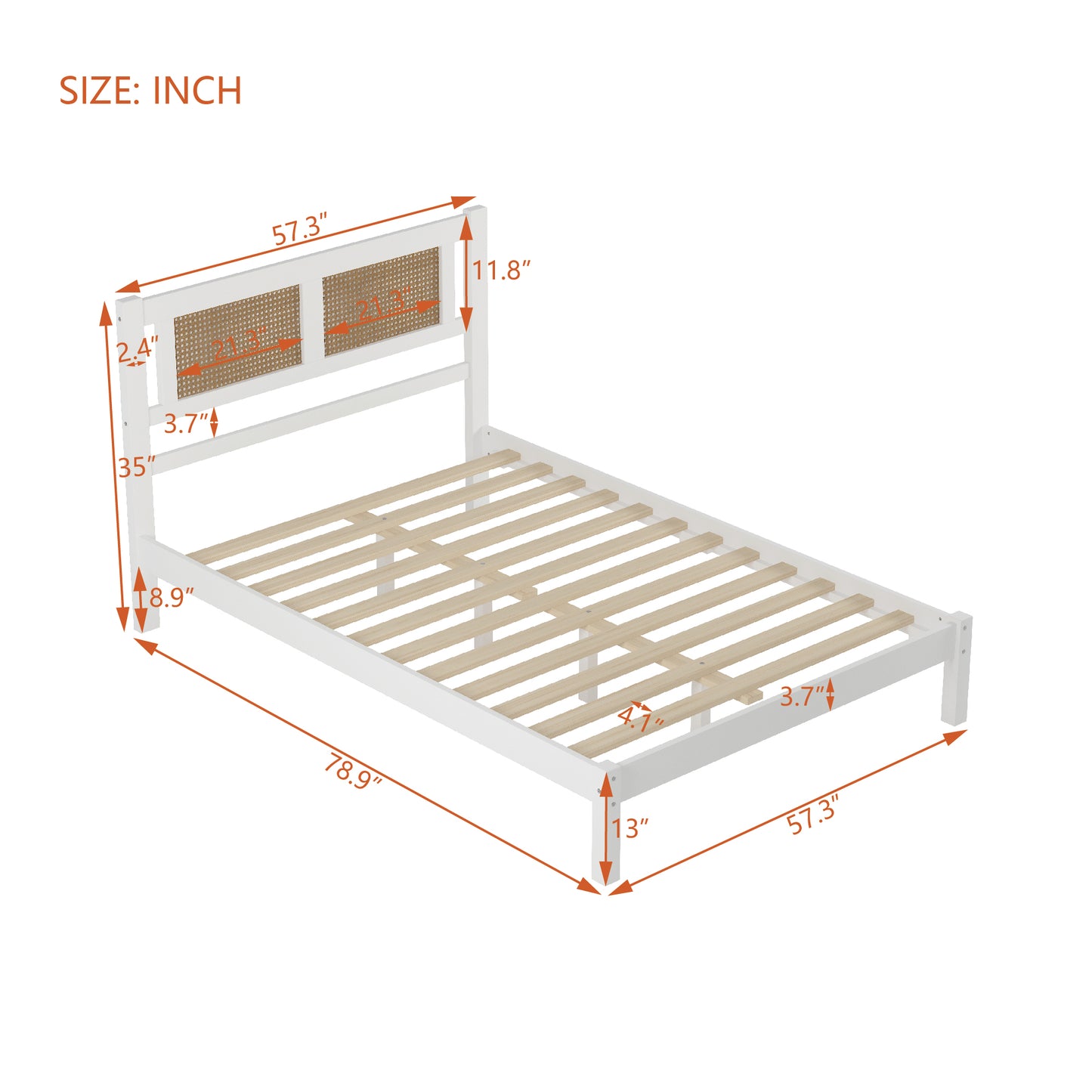 Melysen Full Size Wooden Platform Bed with Natural Rattan Headboard, Exquisite Elegance with Minimalist Charm for Bedroom