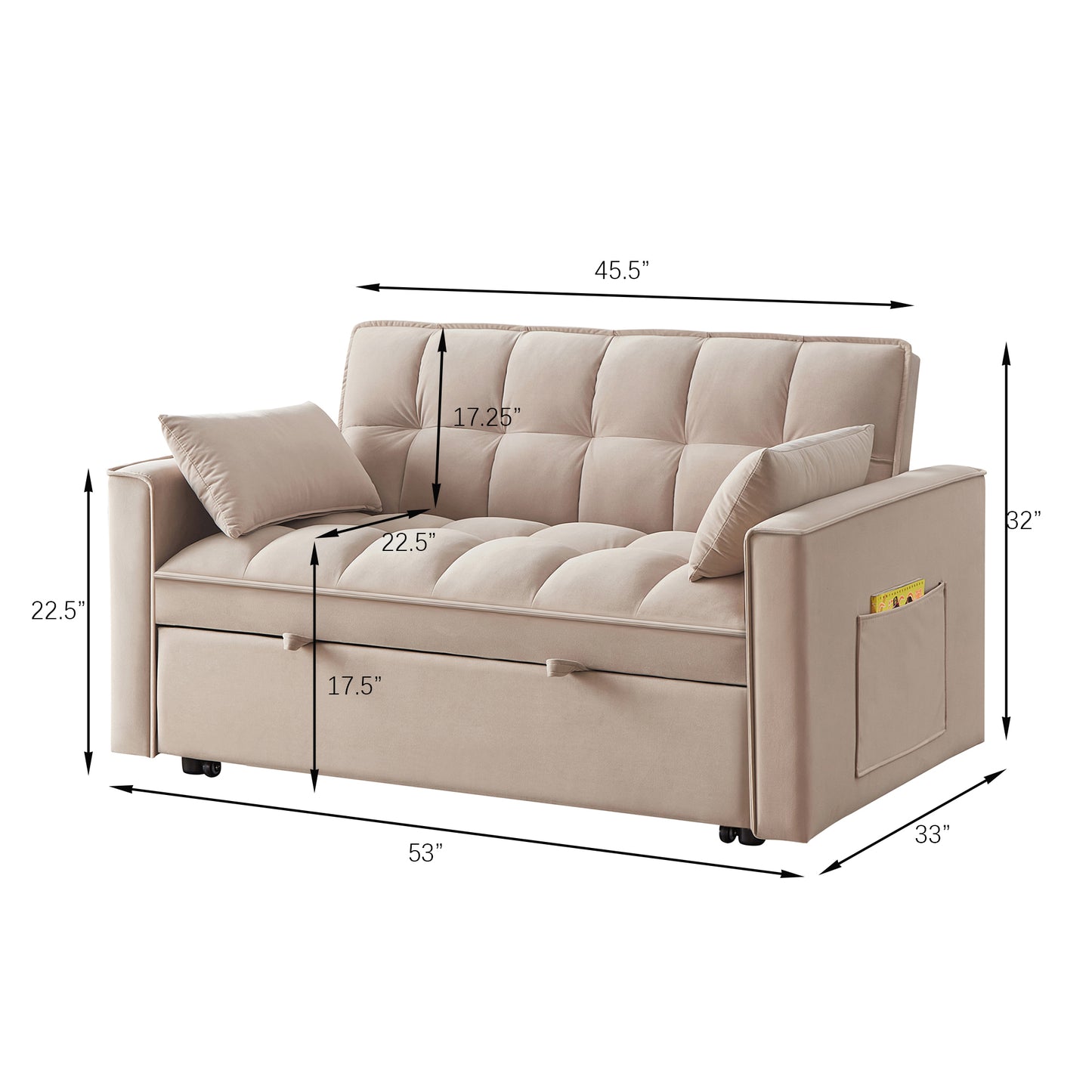 Melysen 4 in1 Loveseat Sofa Bed with Armrests & Storage Pockets, Multi-Function Tufted Pull-out Sofa Bed with Adjustable Backrest and Pillows, Convertible Loveseat Sofa Couchin