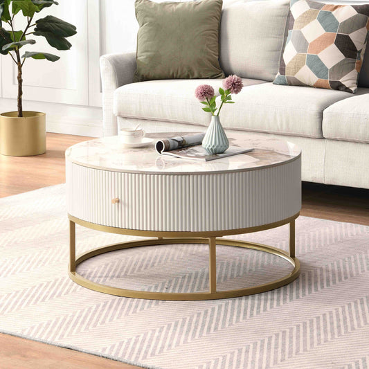 Melysen 31.5 Inch Modern Round Coffee Table with Drawers, Marble Table with Storage, Coffee Table for Living Room