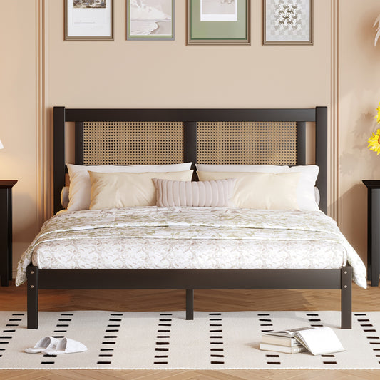 Melysen Queen Size Wood Platform Bed with Natural Rattan Headboard,Exquisite Elegance with Minimalist Charm for Bedroom