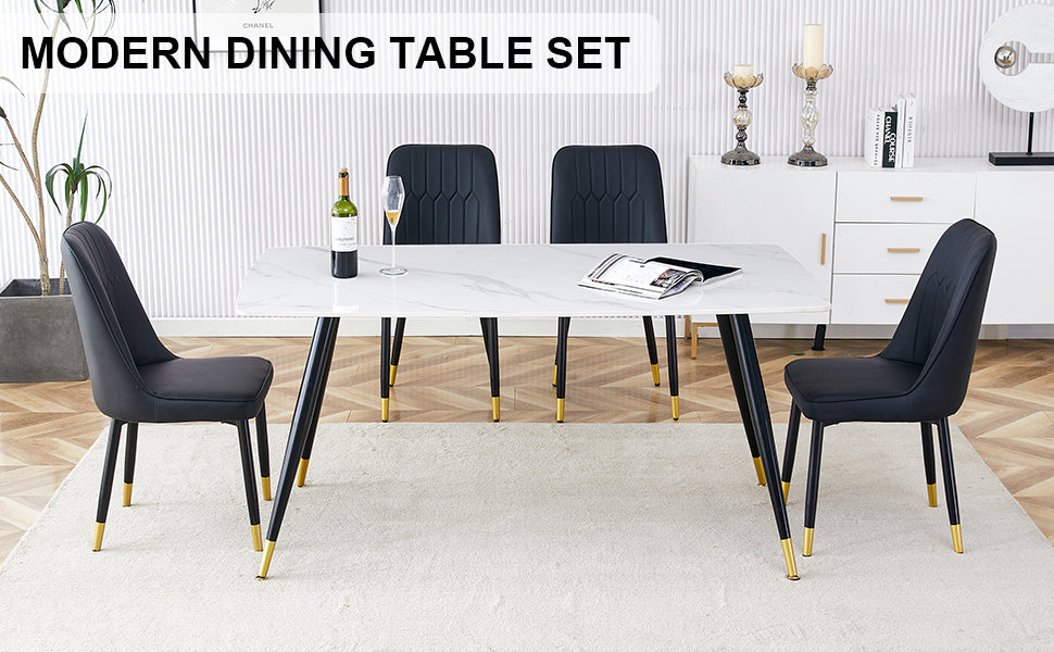 Melysen Modern Minimalist Dining Table. White Imitation Marble Pattern Sintered Stone Desktop with Black Metal Legs.Modern Dining Chair with Pu Artificial Leather Backrest Cushion and Black Metal Legs.001