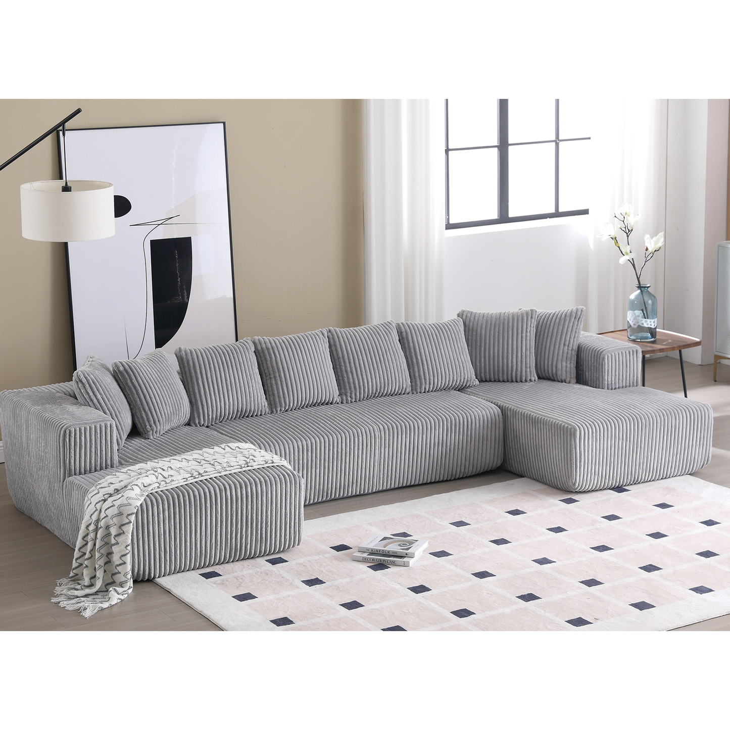 Melysen 131'' Modular Sectional Couch, U-shaped sofa , Chaise Lounge, Striped fabric,Upholstered 4 Seater Couch for Living Room, Bedroom, Free Combination Sofa (Corduroy)