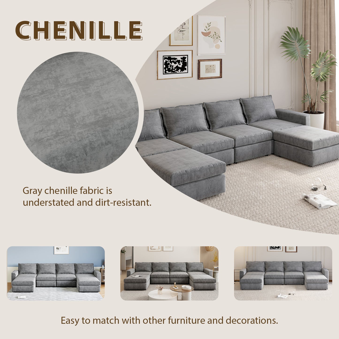 Melysen 115*58" Chenille Modular Sectional Sofa,U Shaped Reversible Couch,Free Combination,6 Seat Sleeper Sofa Bed with Ottoman,Convertible Oversized Indoor Furniture for Living Room,Gray