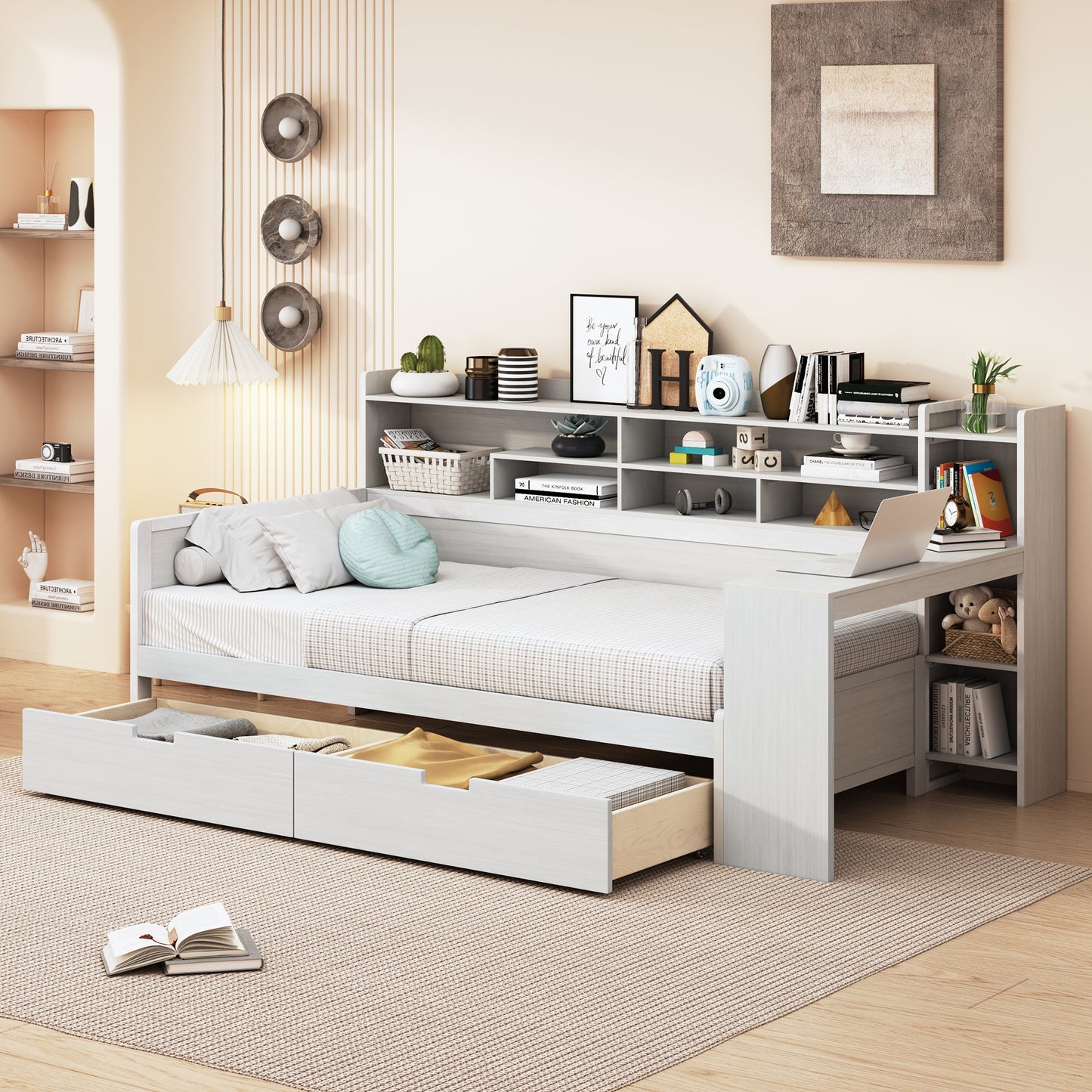 Melysen Wooden Twin Size Daybed with Storage Shelves, Multi-functional Bed with Two Storage Drawers and  Study Desk