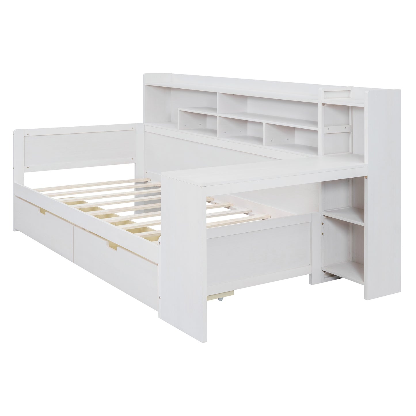 Melysen Wooden Twin Size Daybed with Storage Shelves, Multi-functional Bed with Two Storage Drawers and  Study Desk