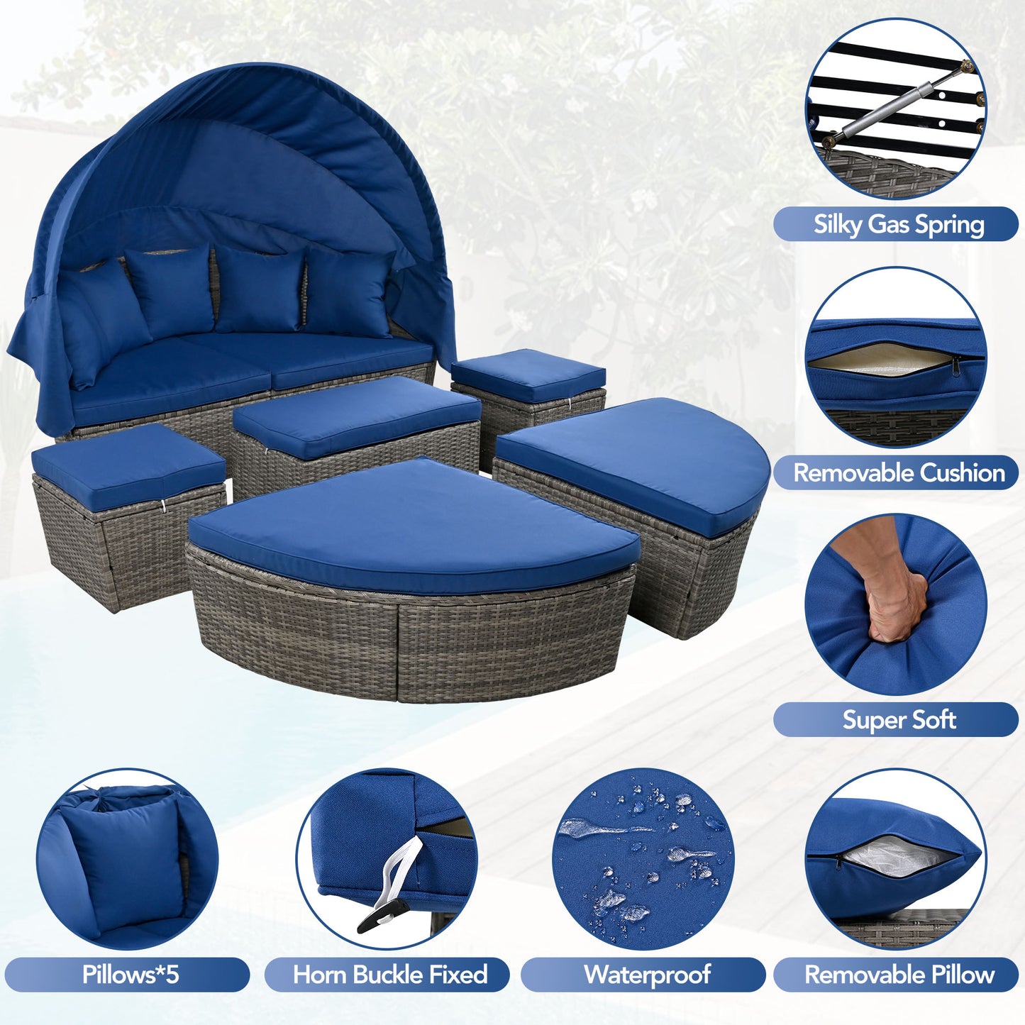 Melysen Outdoor rattan daybed sunbed with Retractable Canopy Wicker Furniture, Round Outdoor Sectional Sofa Set, Gray Wicker Furniture Clamshell Seating with Washable Cushions, Backyard, Porch, Blue