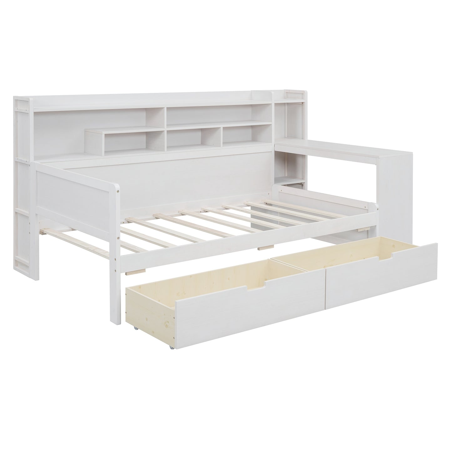 Melysen Wooden Twin Size Daybed with Storage Shelves, Multi-functional Bed with Two Storage Drawers and  Study Desk