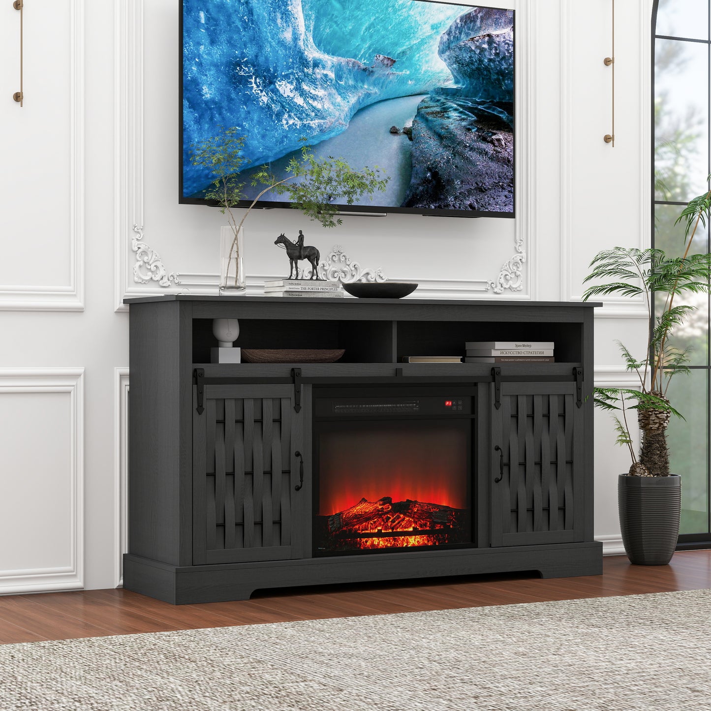 Melysen Fireplace TV Stand for TVs up to 65", Entertainment Center with 23" Electric Fireplace, Farmhouse TV Stand Industrial Media Console with Sliding Barn Door for Living Room, 58 Inch