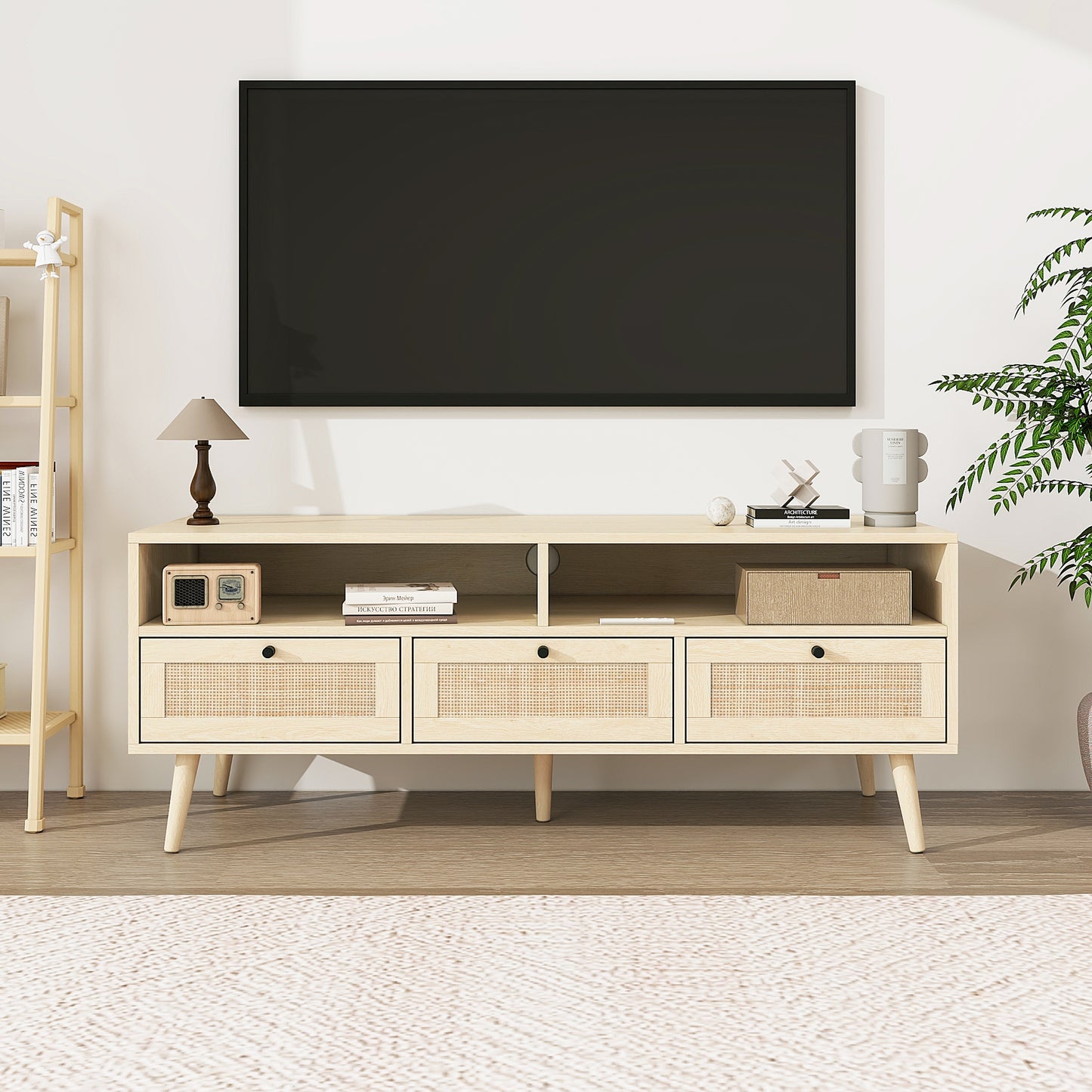 Melysen Rattan TV Stand with Solid Wood Feet, TV Console Table for Living Room, Natural