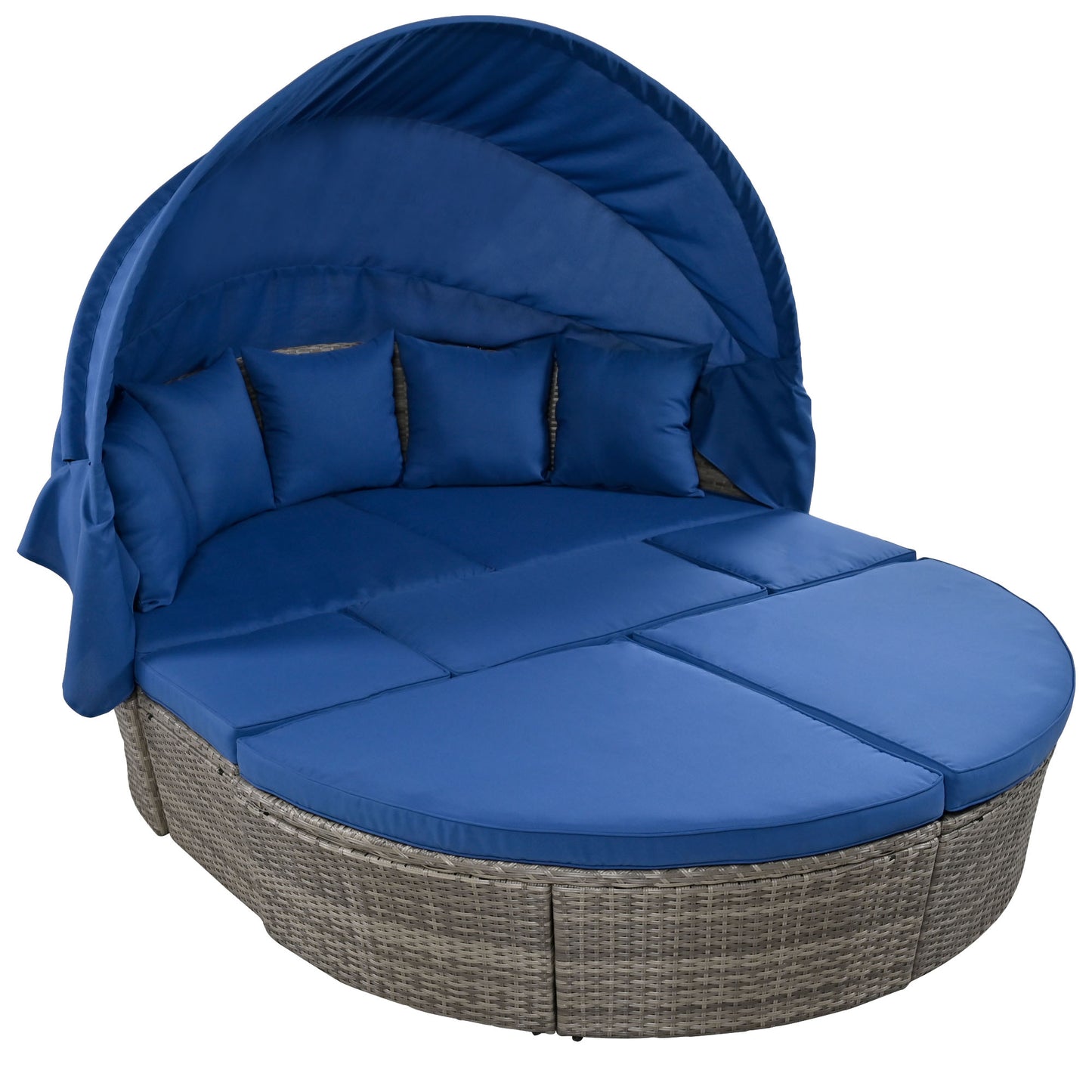 Melysen Outdoor rattan daybed sunbed with Retractable Canopy Wicker Furniture, Round Outdoor Sectional Sofa Set, Gray Wicker Furniture Clamshell Seating with Washable Cushions, Backyard, Porch, Blue