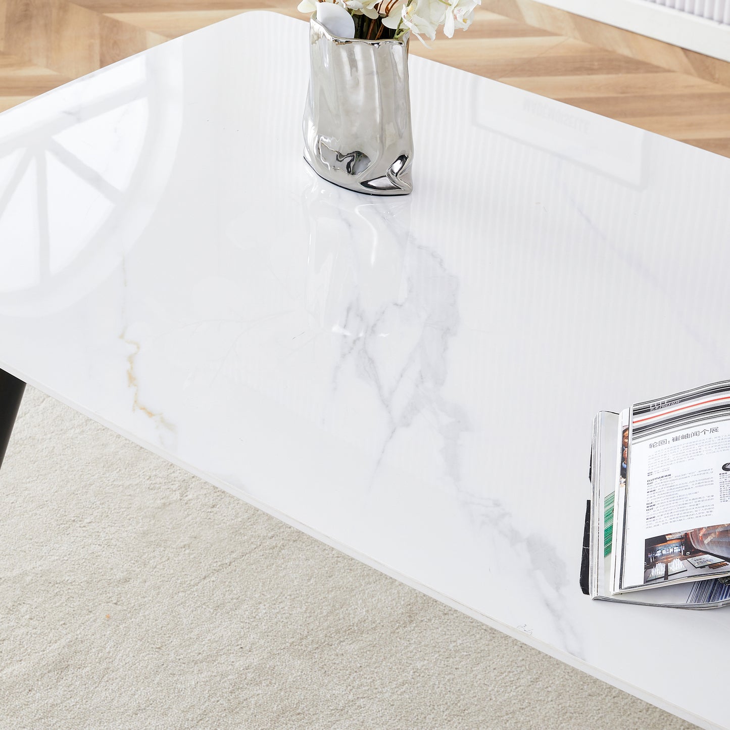 Melysen Modern Minimalist Dining Table. White Imitation Marble Pattern Sintered Stone Desktop with Black Metal Legs