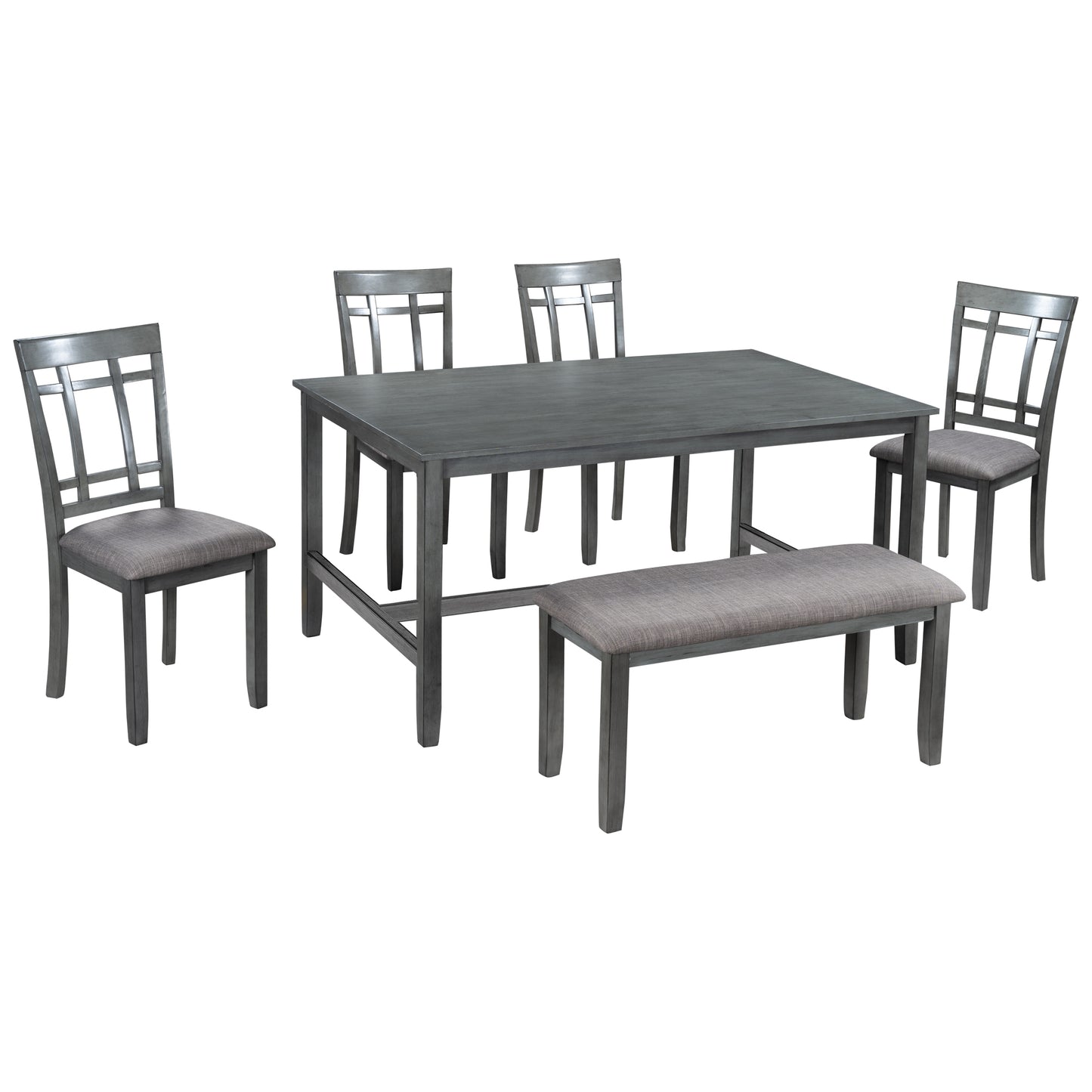 Melysen 6 Piece Wooden Dining Table set, Kitchen Table set with 4 Chairs and Bench, Farmhouse Rustic Style,Gray