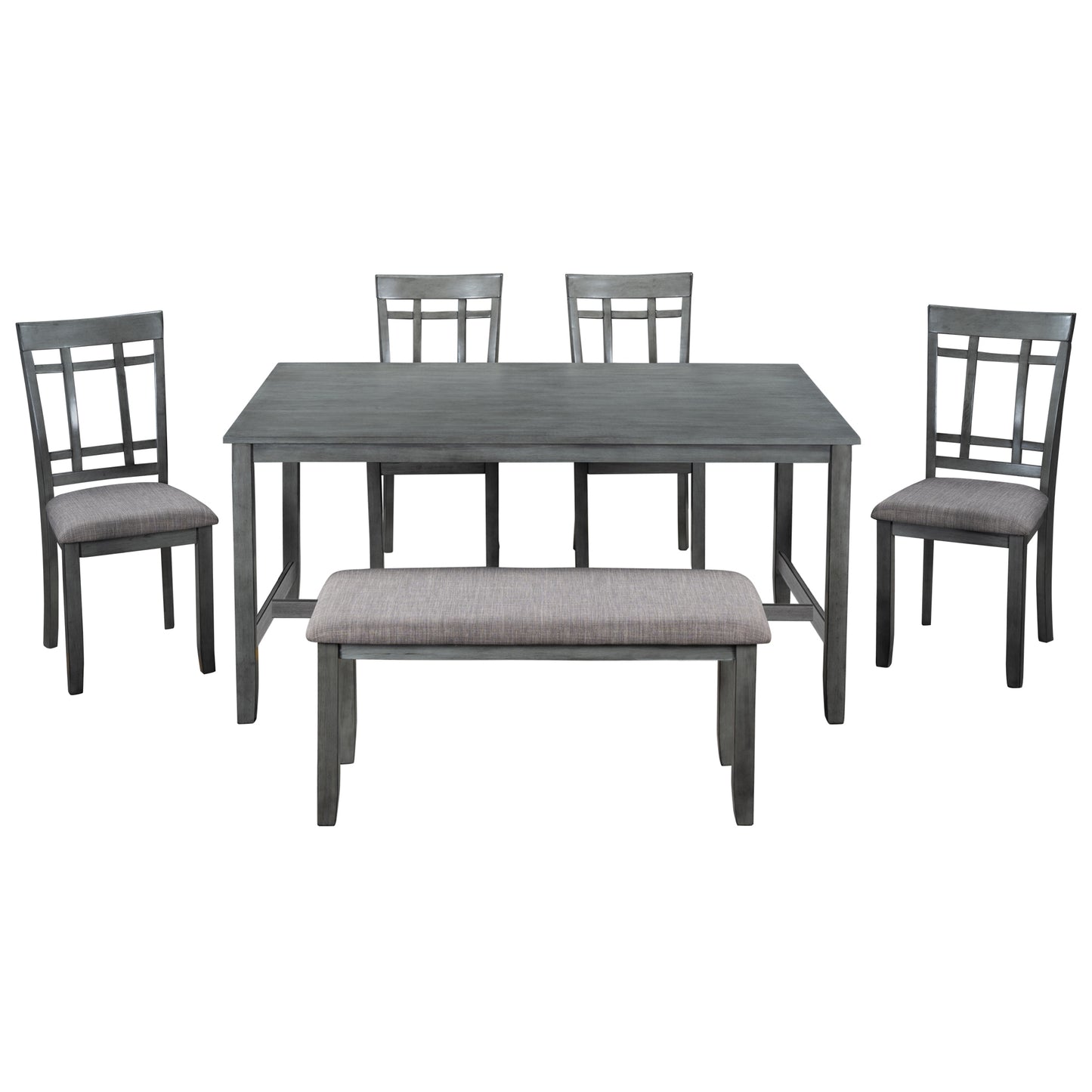 Melysen 6 Piece Wooden Dining Table set, Kitchen Table set with 4 Chairs and Bench, Farmhouse Rustic Style,Gray