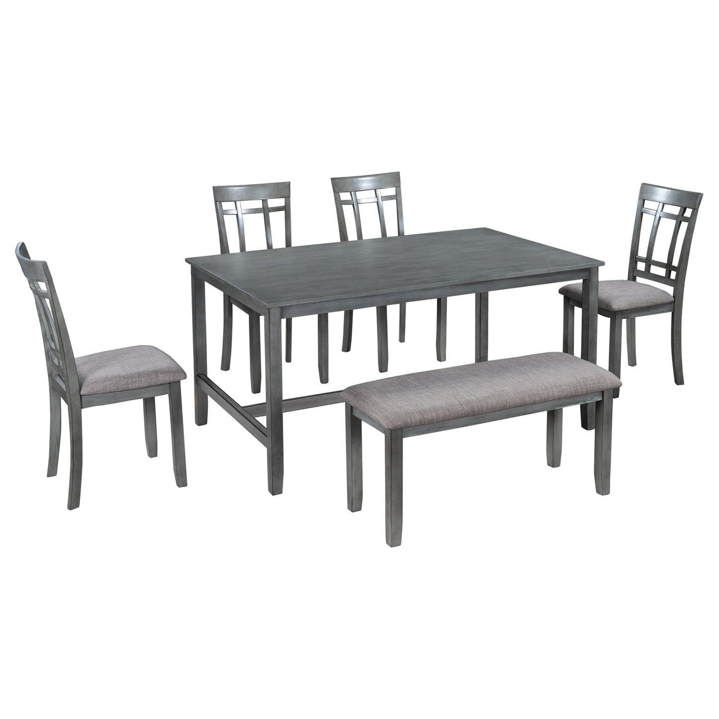 Melysen 6 Piece Wooden Dining Table set, Kitchen Table set with 4 Chairs and Bench, Farmhouse Rustic Style,Gray