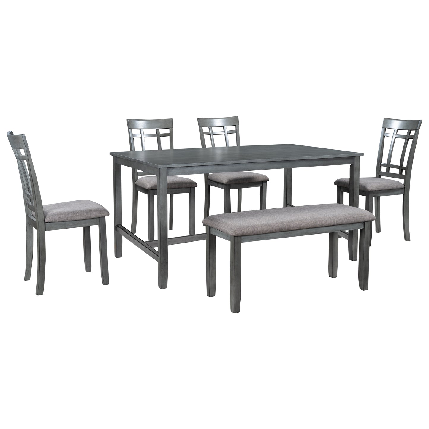 Melysen 6 Piece Wooden Dining Table set, Kitchen Table set with 4 Chairs and Bench, Farmhouse Rustic Style,Gray